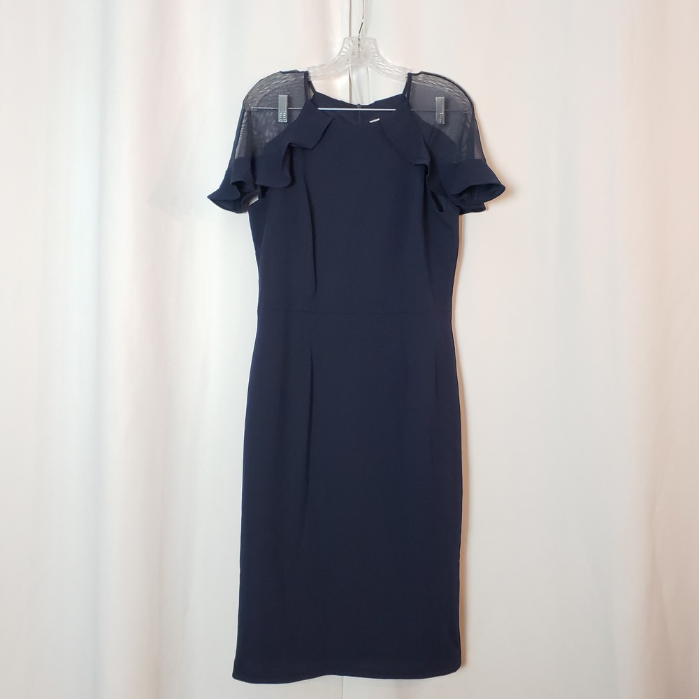 Eliza J Navy Blue Mesh Ruffle Sleeve Sheath Midi Dress Size 14